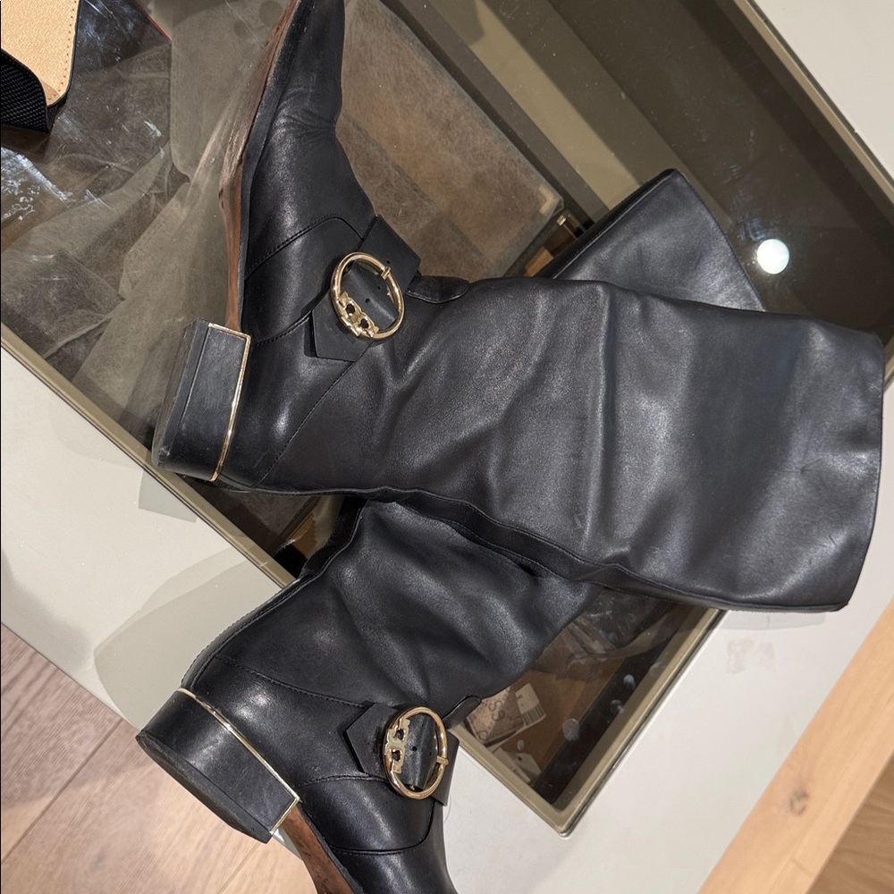 Tory Burch Black Leather Combat Boots with Gold Accents